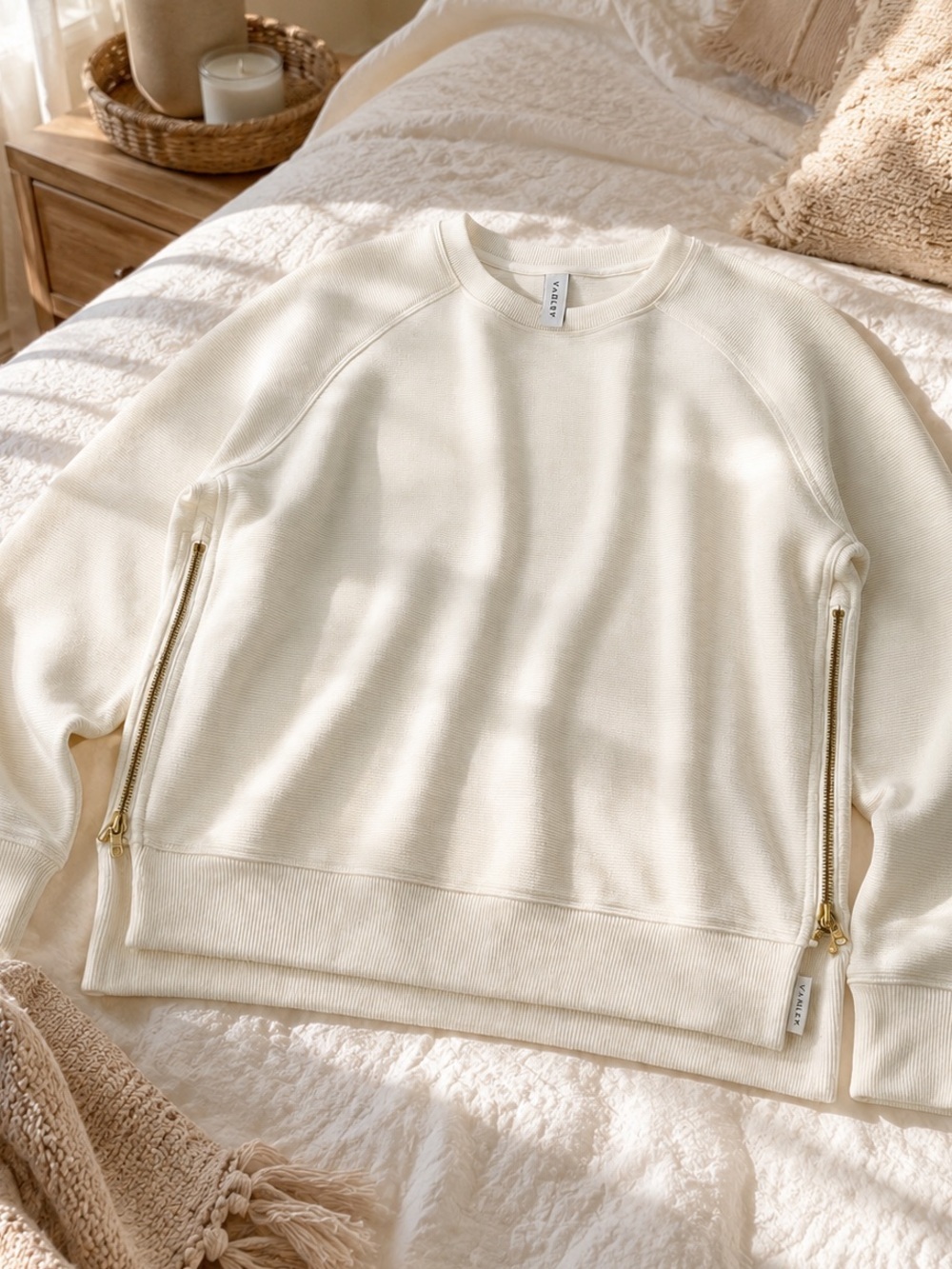 Varley Horton Side Zip Sweatshirt Cream Ribbed Pullover Small